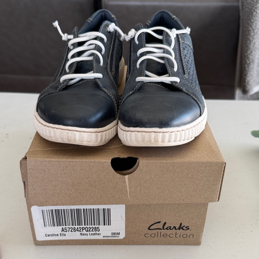 Clarks Dark Blue Leather Sneakers with White Accents